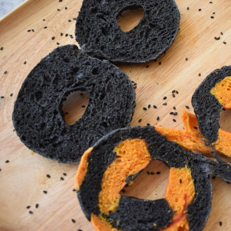 Halloween orange and black activated charcoal and turmeric sourdough bagels