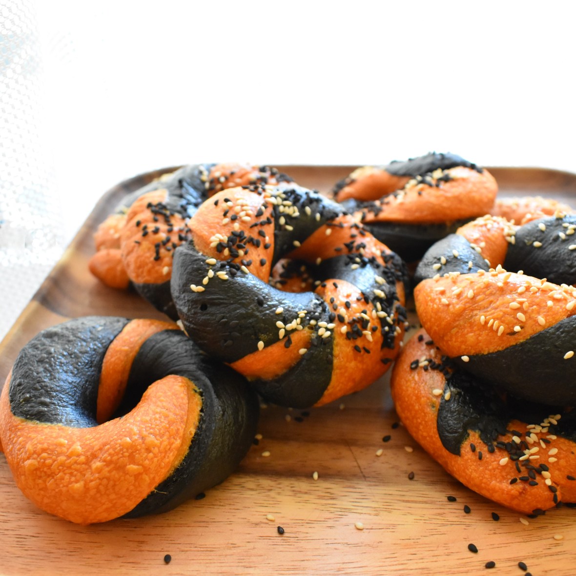 Halloween orange and black sourdough bagels