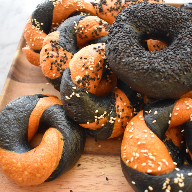 Halloween orange and black sourdough bagels