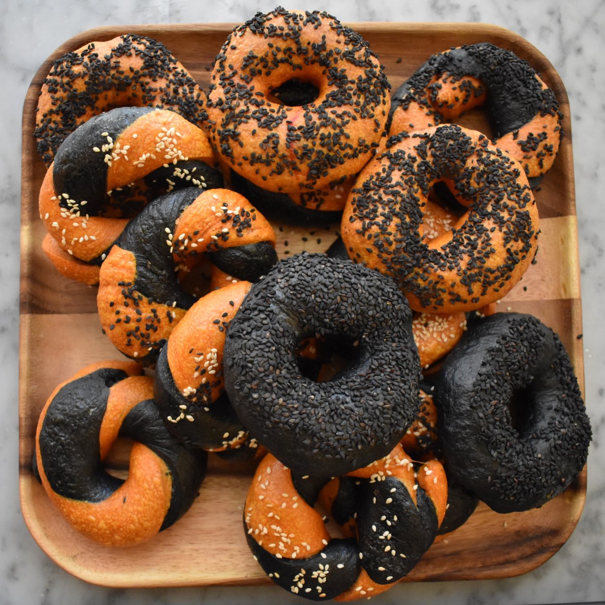 Halloween orange and black sourdough bagels