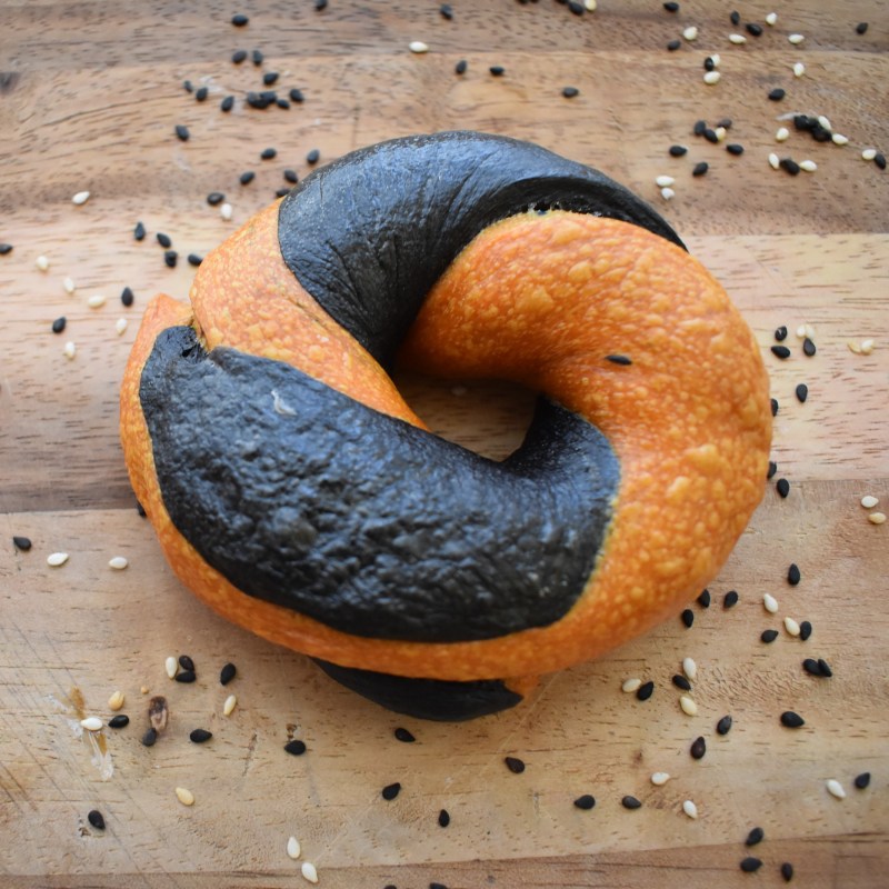 Halloween orange and black sourdough bagels