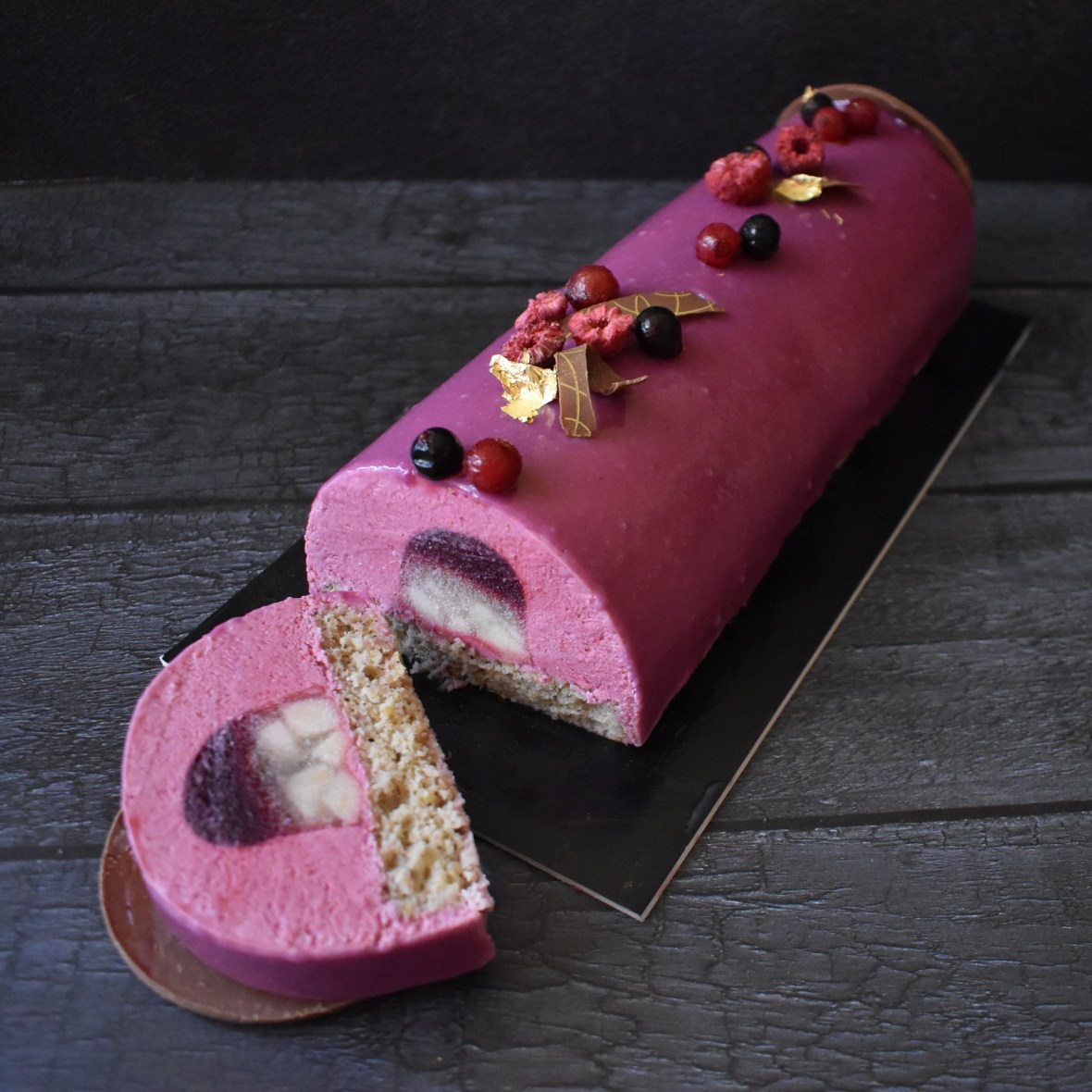 Purple Wonderland blackcurrant, raspberry and apple bûche