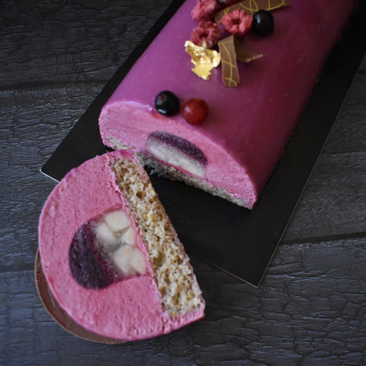 Purple Wonderland blackcurrant, raspberry and apple bûche