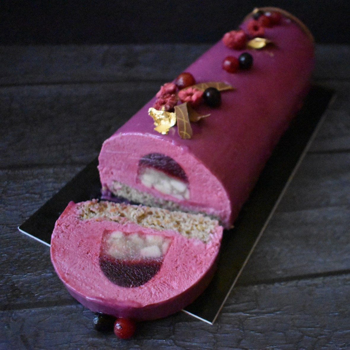 Purple Wonderland blackcurrant, raspberry and apple bûche