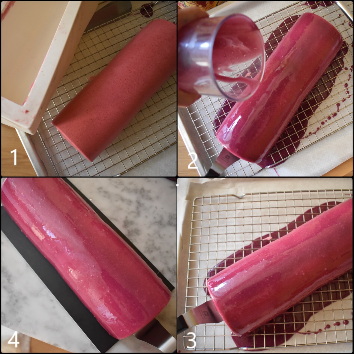 Glazing the Purple Wonderland log cake