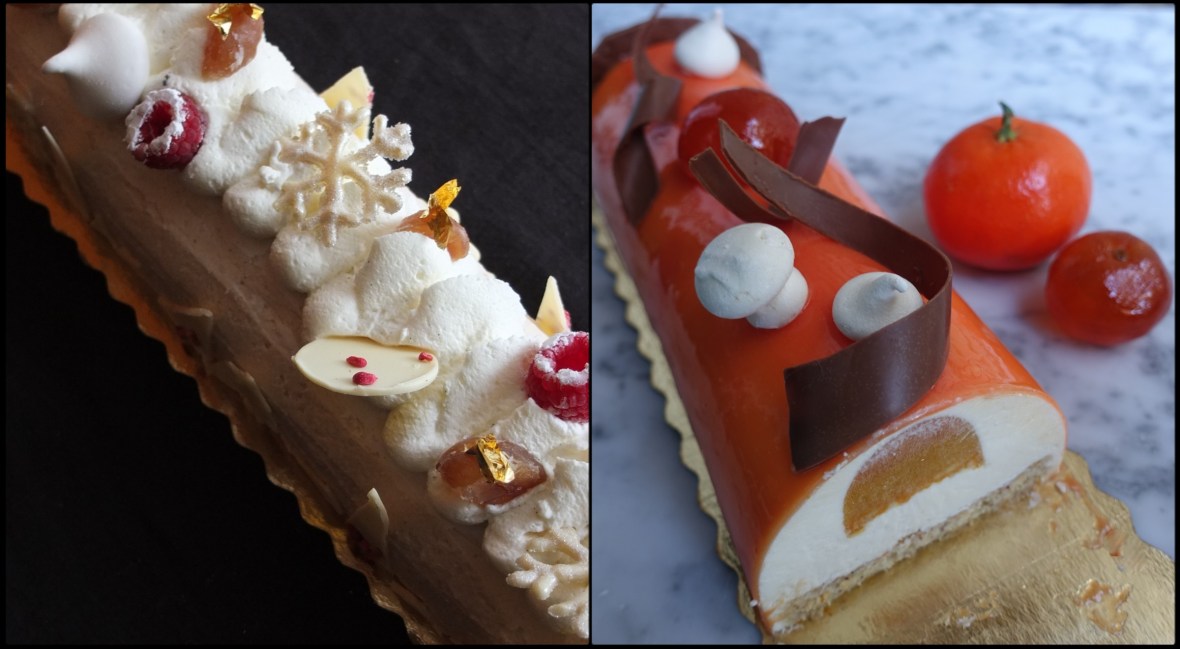 Le Sparkly meringue log and Mandarin citrus yule log