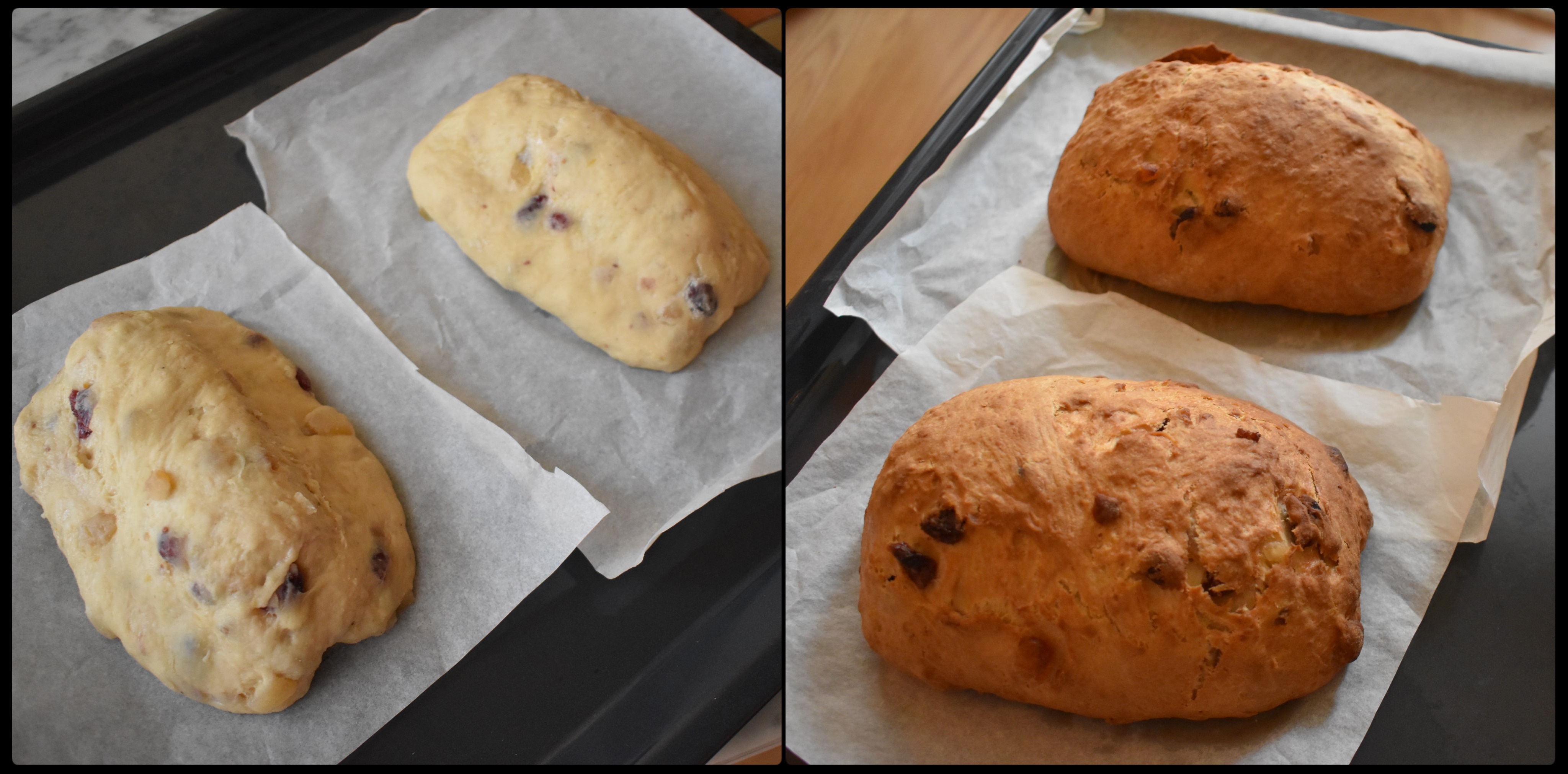 Cranberry, citrus and ginger sourdough stollen, baking