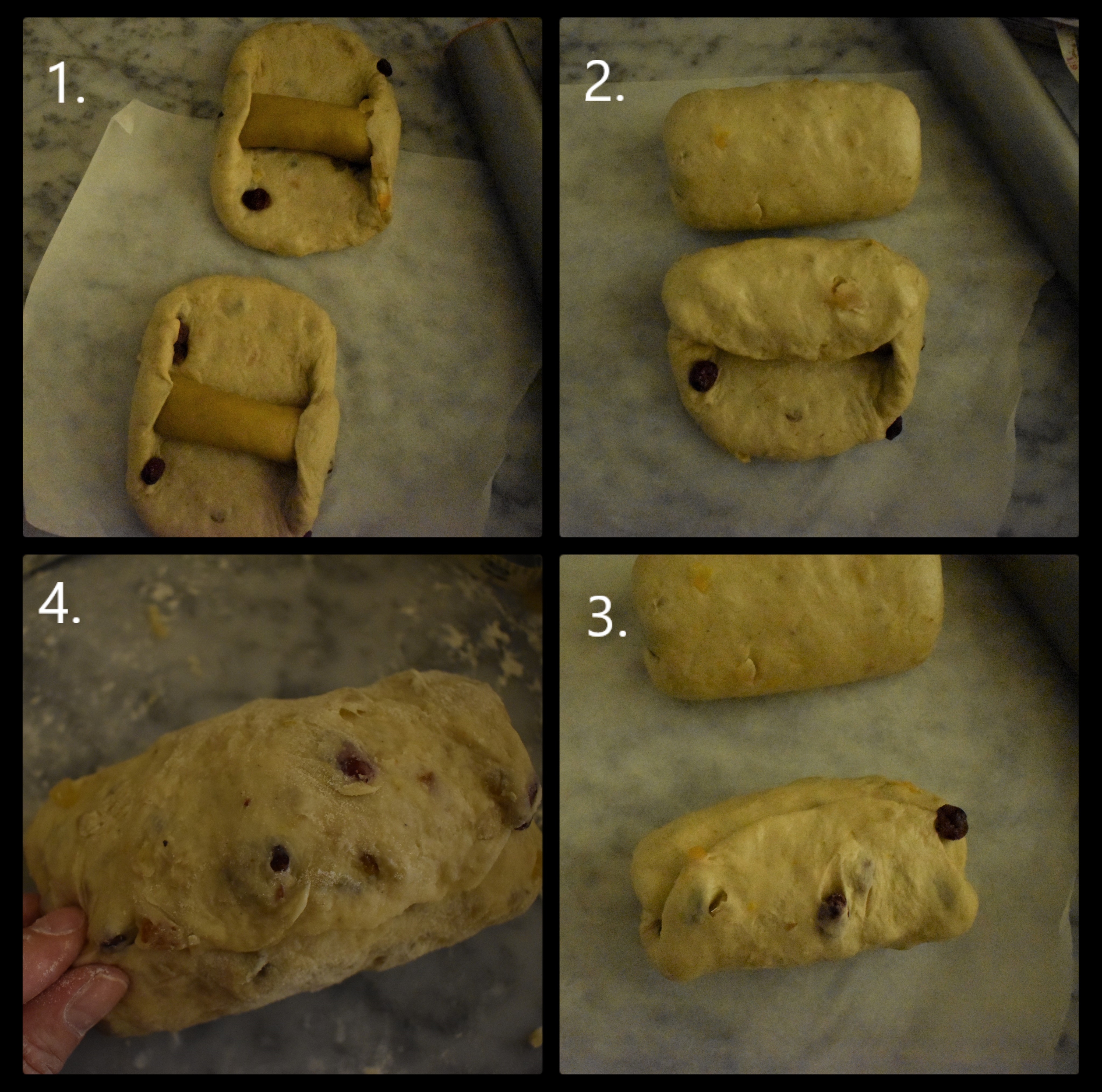 Cranberry, citrus and ginger sourdough stollen, shaping 2